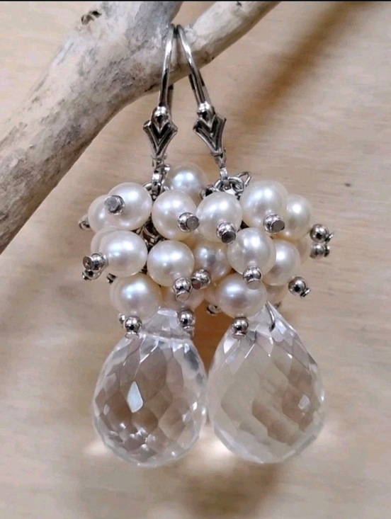 Jewelry - 925 Sterling Silver Faceted Rock Crystal Quartz & Pearl Drop Earrings.